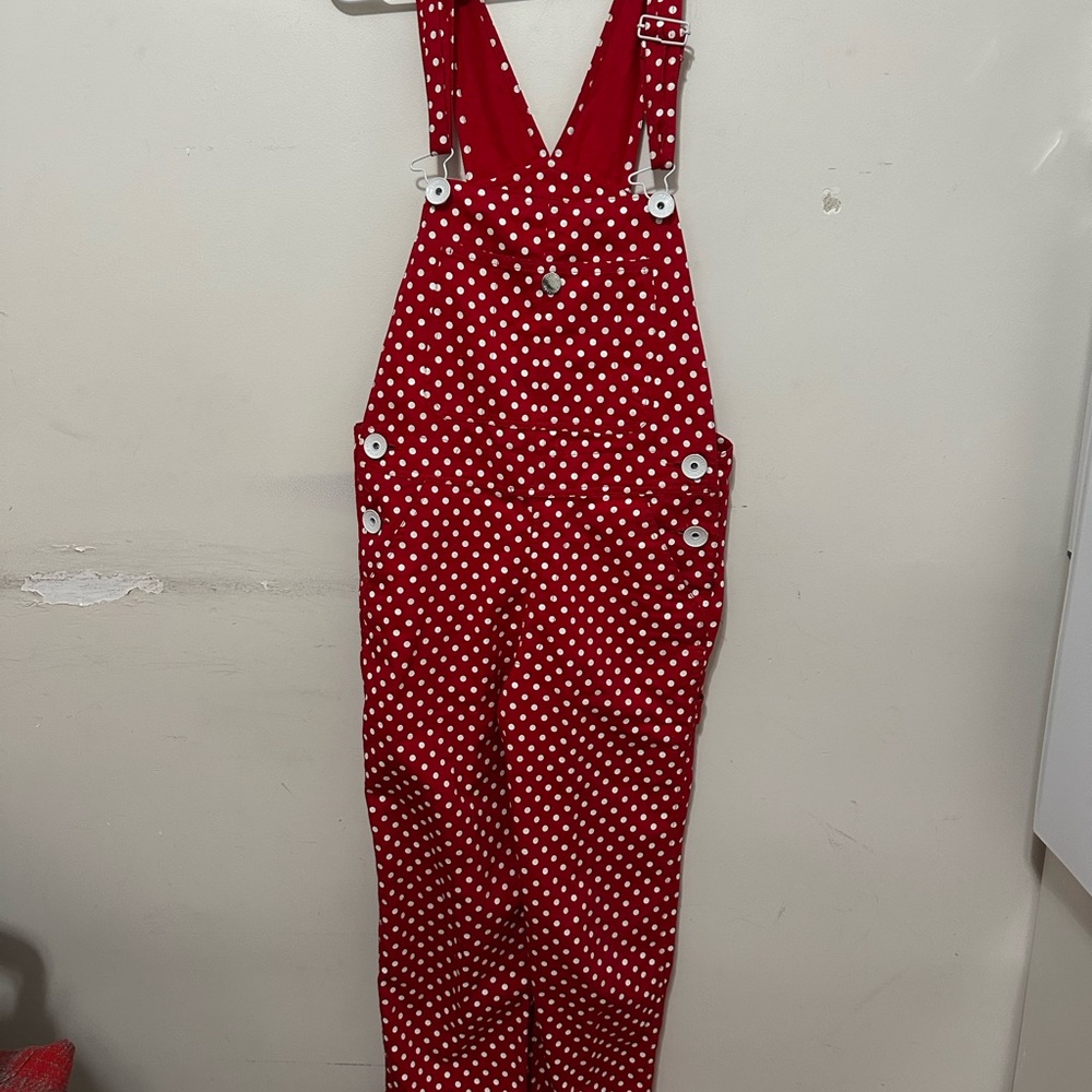 Co & Lu Red Polka Dot Overalls Womenโs Size Small